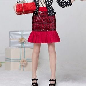 New Anthro MOULINETTE SOEURS Suelta Skirt Straight Pencil Trumpet Sequin Red